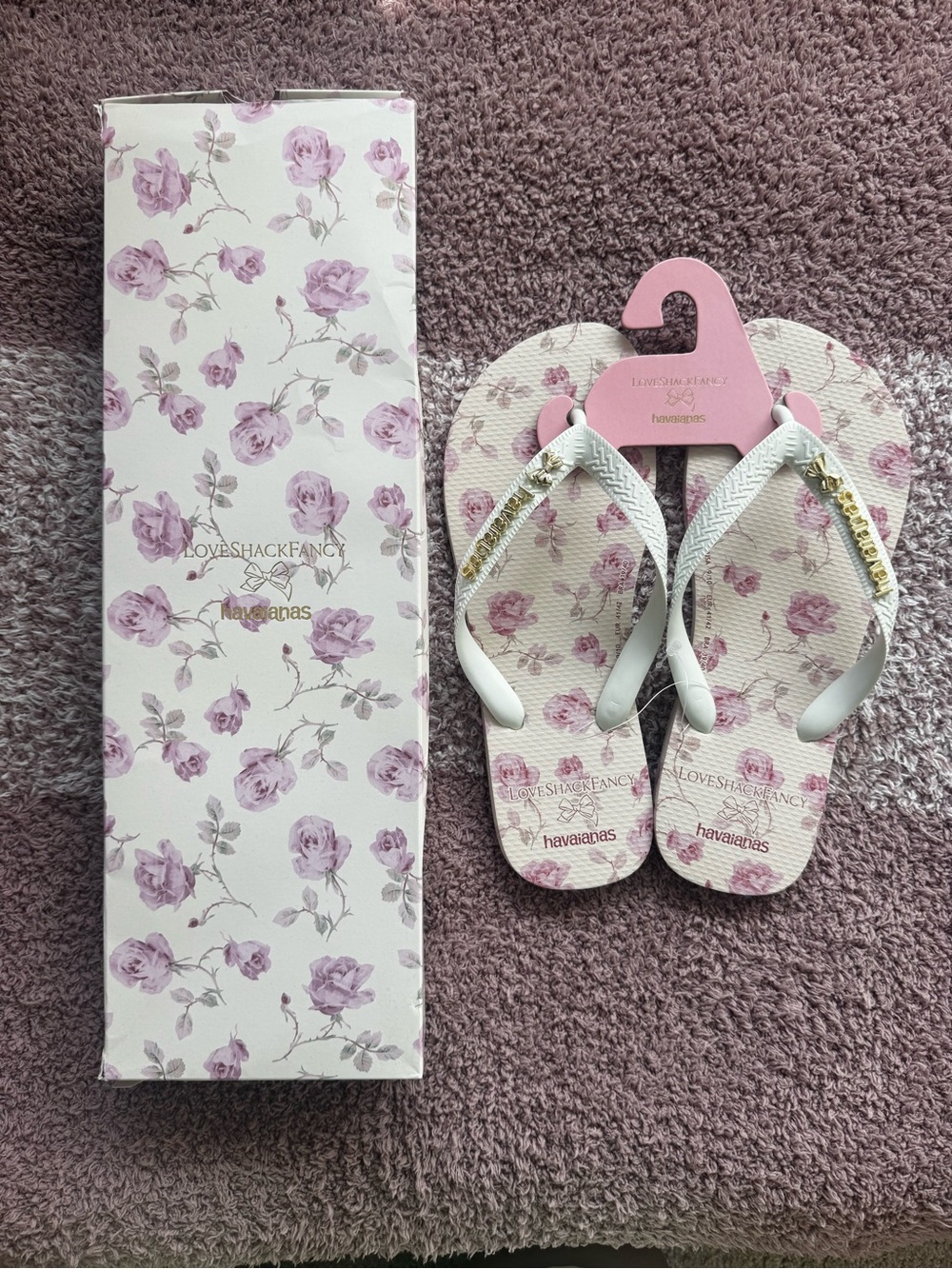 Havaianas Women’s Pink Floral Flip Flops with White Straps and Gold Logo